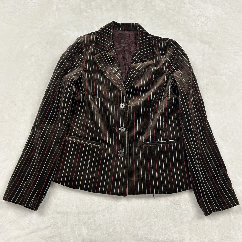 Vintage Pinstripe Velvet Blazer Womens 8 Brown Red Striped Cotton Jacket USA